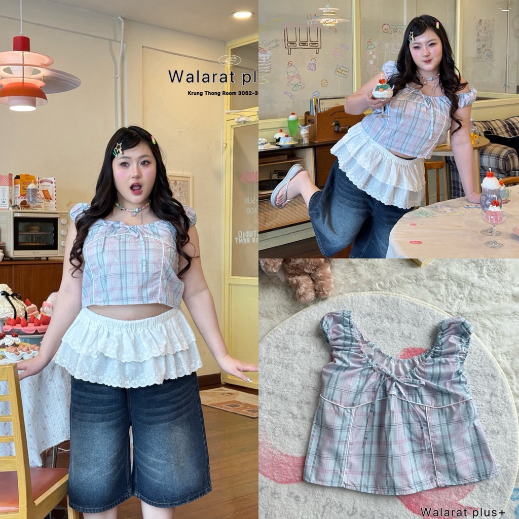 (WR) เสื้อแขนกุด ลายสก็อตสีฟ้าชมพู น่ารัก หวาน100% คิ้วมัก เสื้อผ้าสาวอวบอ้วน พลัสไซส์ ไซส์ใหญ่