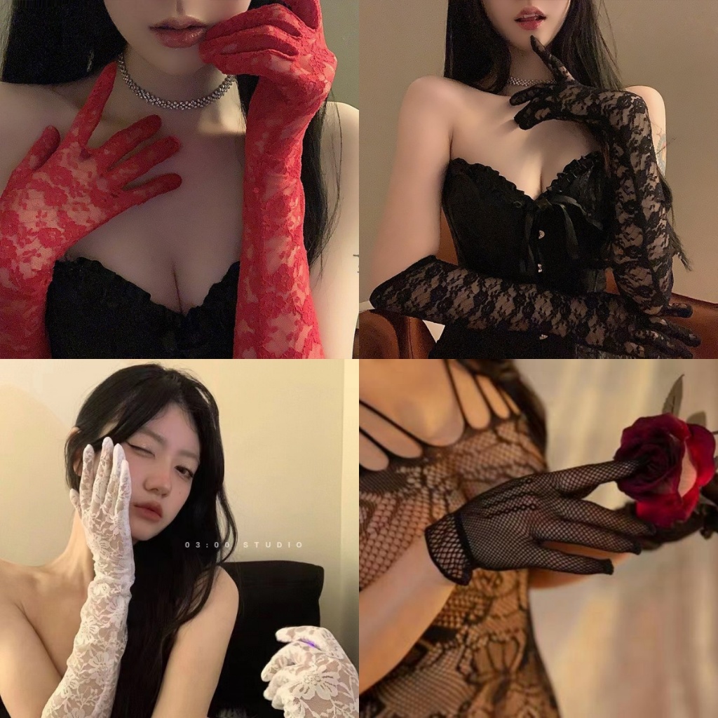 💚Sex time💜 ถุงมือลูกไม้ ถุงมือปาร์ตี้ สไตล์ย้อนยุค ระบายอากาศได้ เหมาะสำหรับงานแต่งงาน