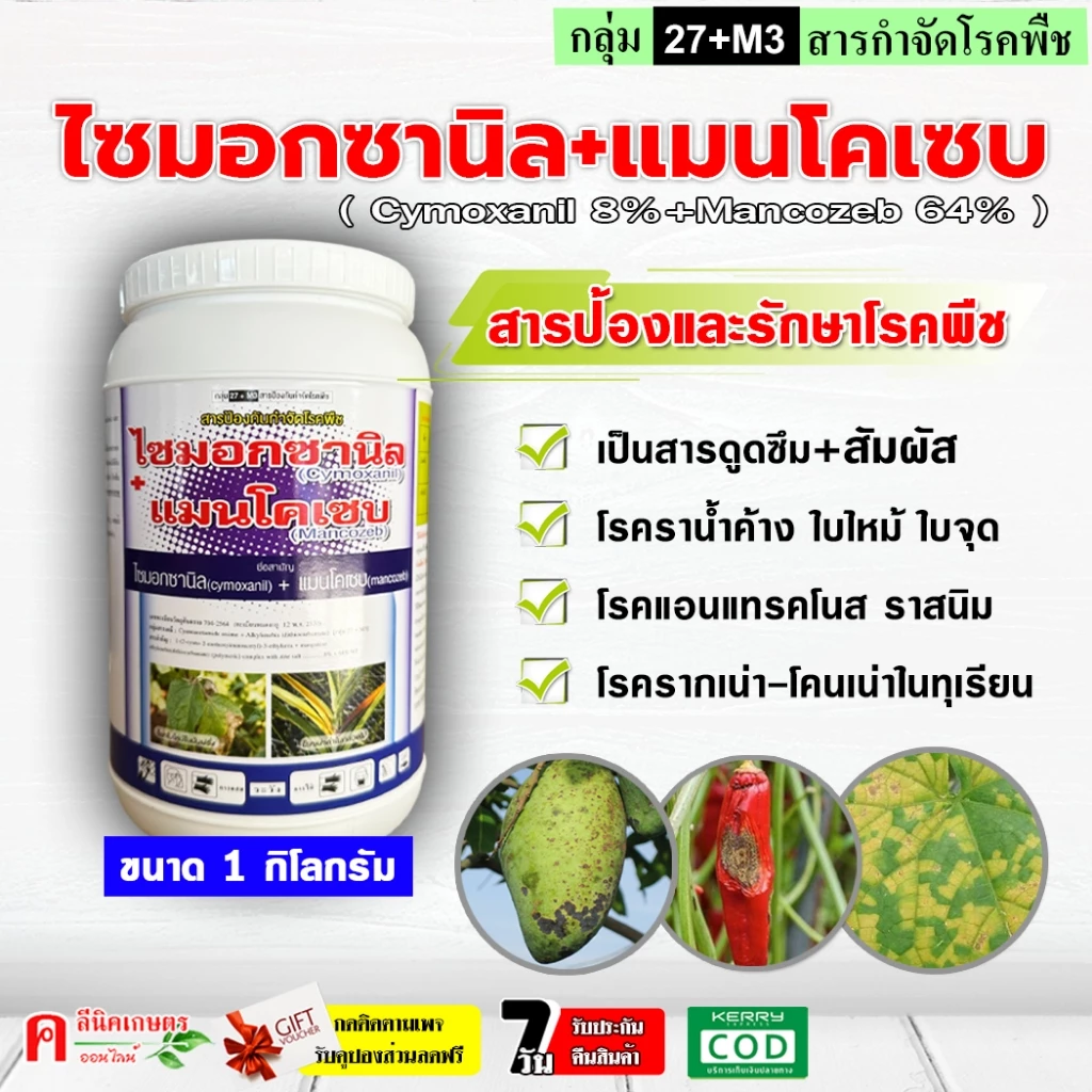 ไซมอกซานิล 8%+แมนโคเซบ 64% (1 กิโลกรัม) ป้องกันกำจัดโรคพืช โรคใบไหม้ ราน้ำค้าง ไฟท็อปเทอร่าในทุเรียน