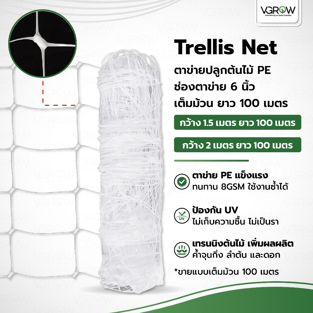 [ส่งฟรี] Trellis Net ตาข่ายปลูกต้นไม้ PE กว้าง 1.5/2 เมตร ยาว 100 เมตร ม้วนเต็ม ช่อง 6 นิ้ว ตาข่ายPE