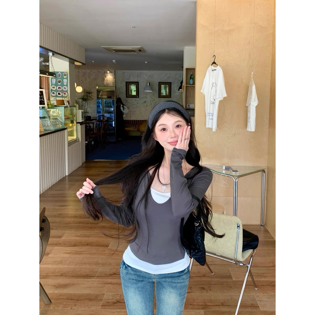 STR พร้อมส่ง🧺🍡เสื้อยืดแขนยาว เสื้อ2ชิ้นติดกัน ผ้าดีทรงเข้ารูป แต่งตัวง่ายใส่ได้ทุกวัน คิวีสีพื้น สไตล์ลำลองสำหรับผู้หญิง - รูปที่ 3