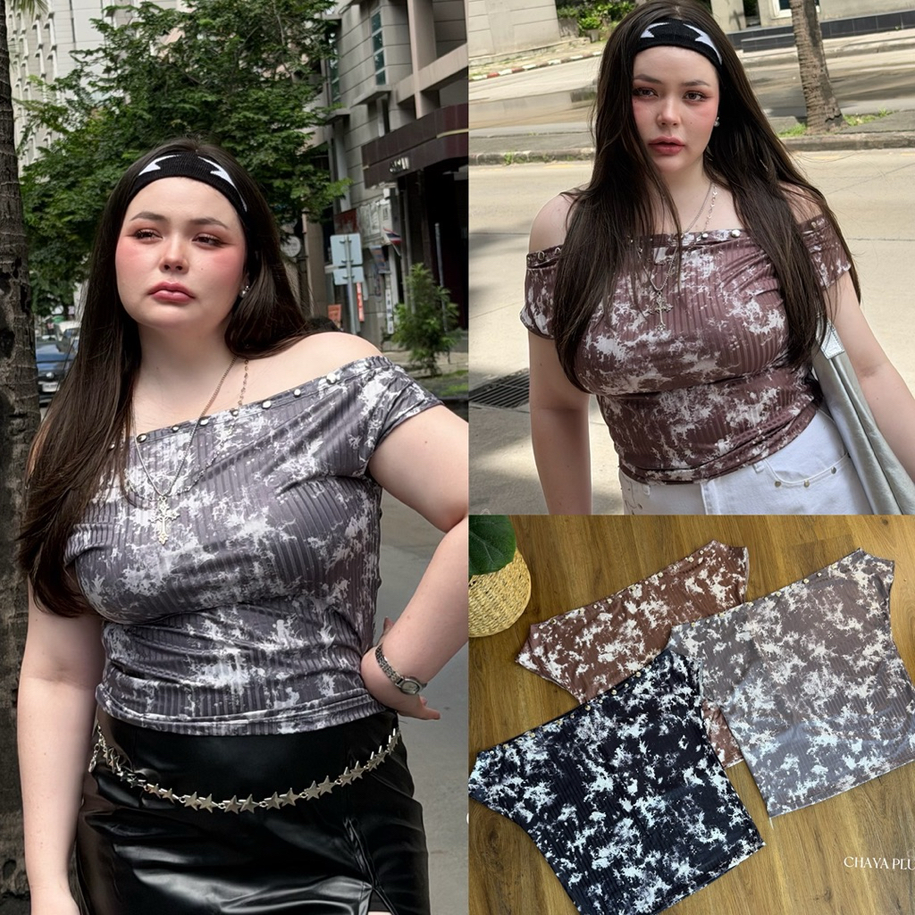 /LD/ เสื้อปาดไหล่แต่งตอกหมุด มีไซส์อก40-52 ผ้าร่องยืดลายหินอ่อน สาวเท่ห์ สาวเฟียซ ฮอตมาก #เสื้อไซส์ใหญ่ พลัสไซส์