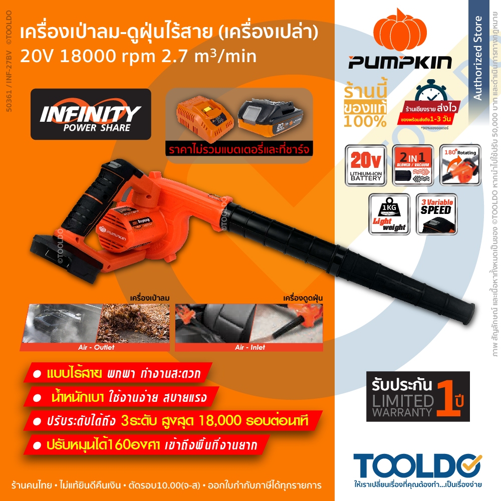 PUMPKIN เครื่องเป่าลมไร้สาย 2OV 18000rpm เป่า-ดูด (เครื่องเปล่า/ครบชุด) เครื่องเป่าลม Air Blowe