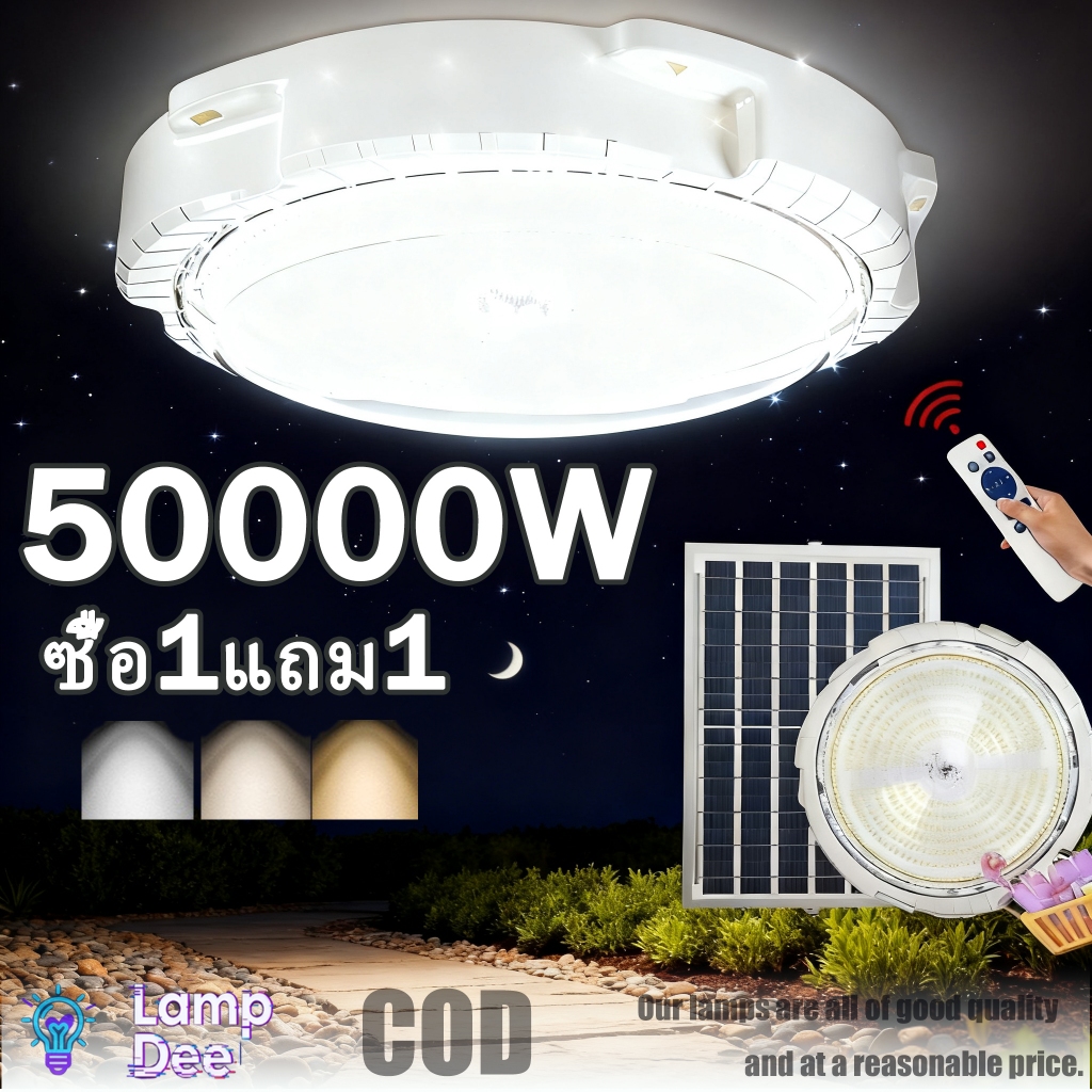 【รับประกัน10ปี】50000W ไฟโซล่าเซลล โคมไฟเพดาน Solar Light แสงวอร์ม/ไฟสีขาว สว่างอัตโนมัติเมื่อฟ้ามืด ชาร์จไฟอัตโนม