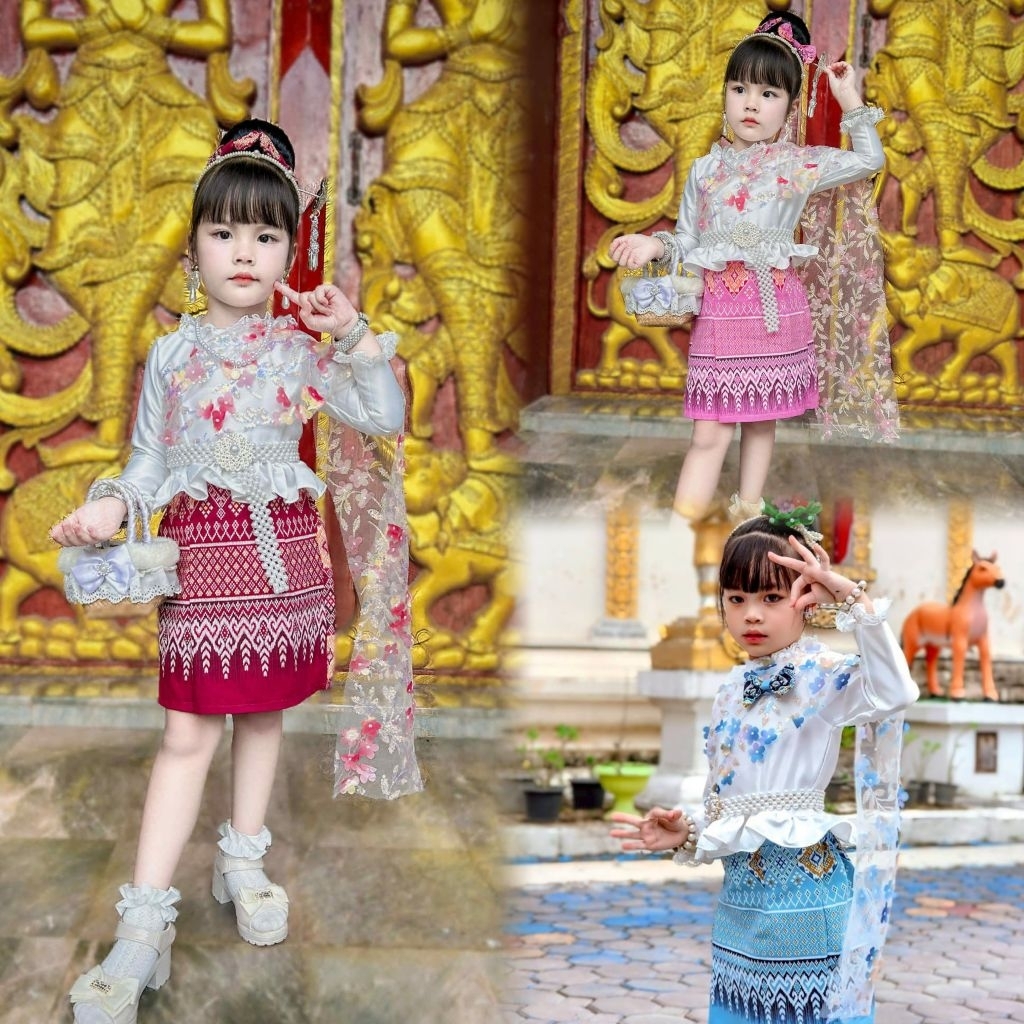 ชุดไทยเด็ก แต่ระบายลูกไม้ มีสไบปักดอกไม้ 3D