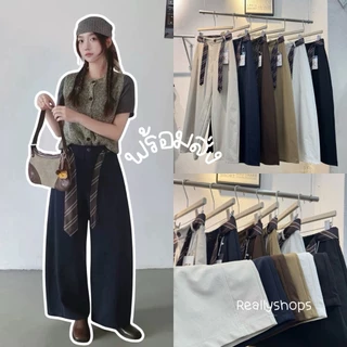 Reallyshops #5827(K) กางเกงขายาวทรงกระบอก+แต่งเข็มขัดเนคไท เอวยางยืด ผู้หญิง พร้อมส่ง