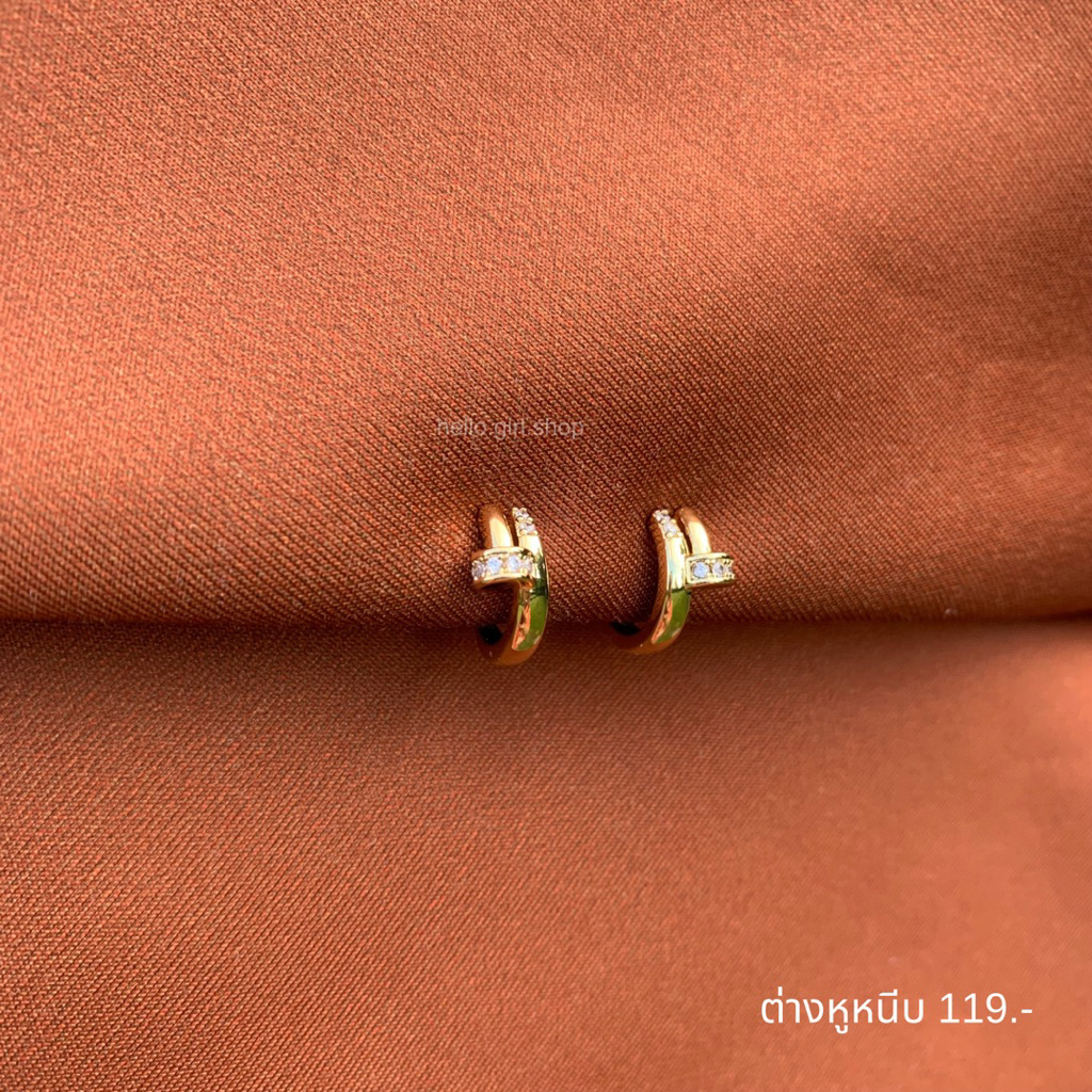 ( ต่างหูหนีบ ขดลวด ) ต่างหูห่วง สีทองลายตะปูเพชร