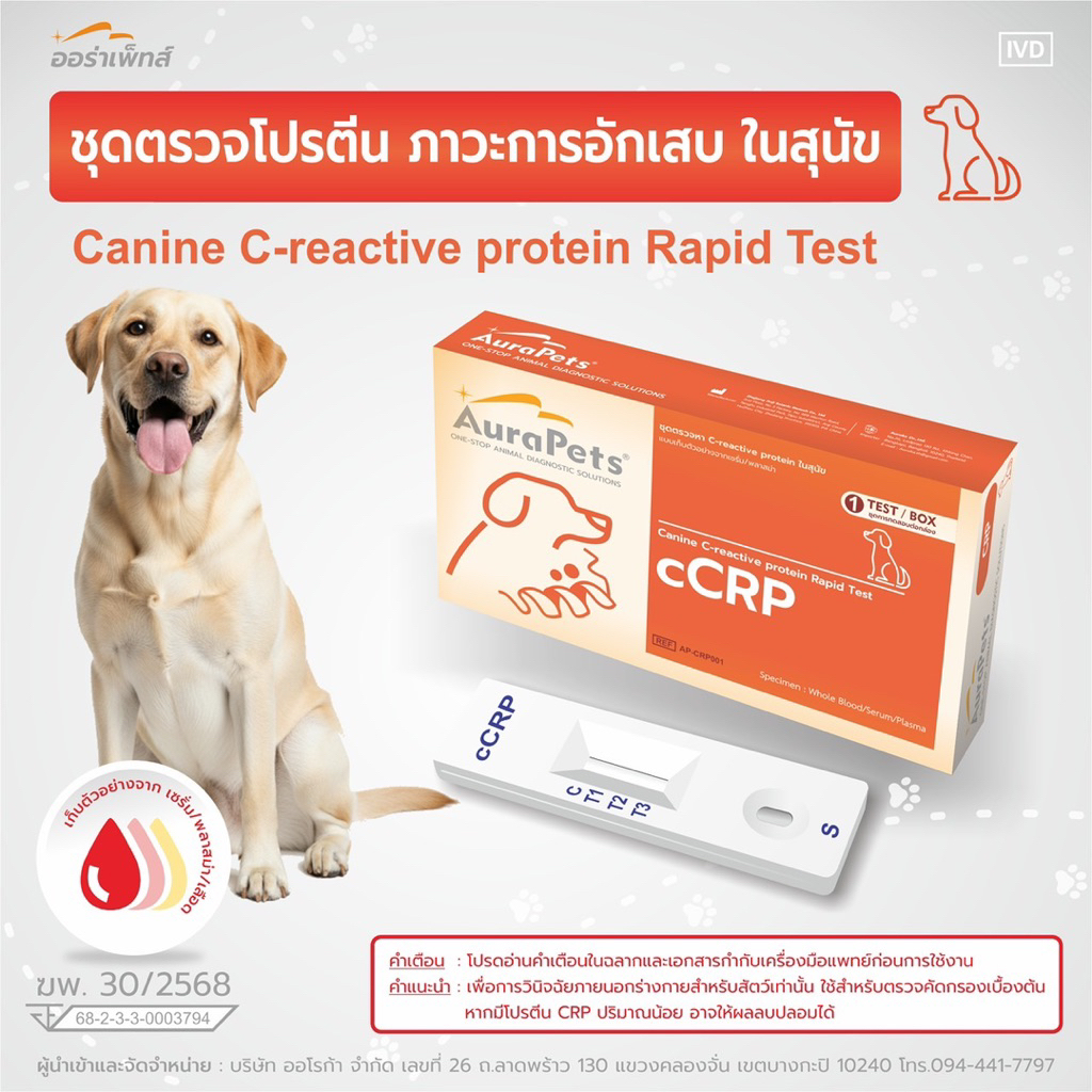 Aurapet ชุดตรวจหาระดับ โปรตีน ซี-รีแอคทีฟ ของสุนัขแบบรวดเร็ว cCRP ใช้สำหรับสัตว์เท่านั้น