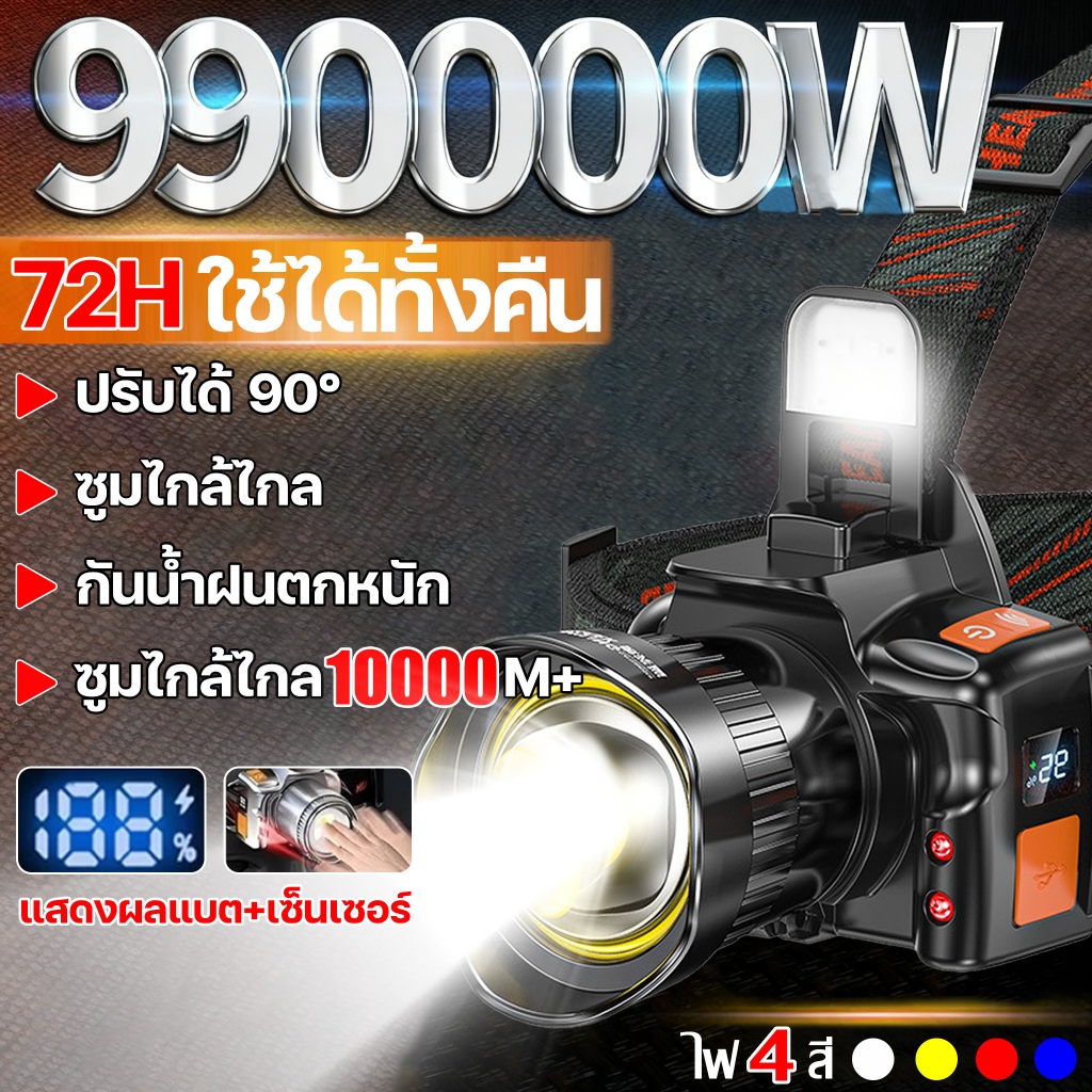 【รับประกัน 30ปี】ไฟฉายคาดหัว ไฟคาดหัว ปรับแสงได้ 4สี กันน้ำ หมุนได้90°   ควบคุมด้วยโบกมือ แสดงระดับแบต ไฟส่องกบ Headlamp
