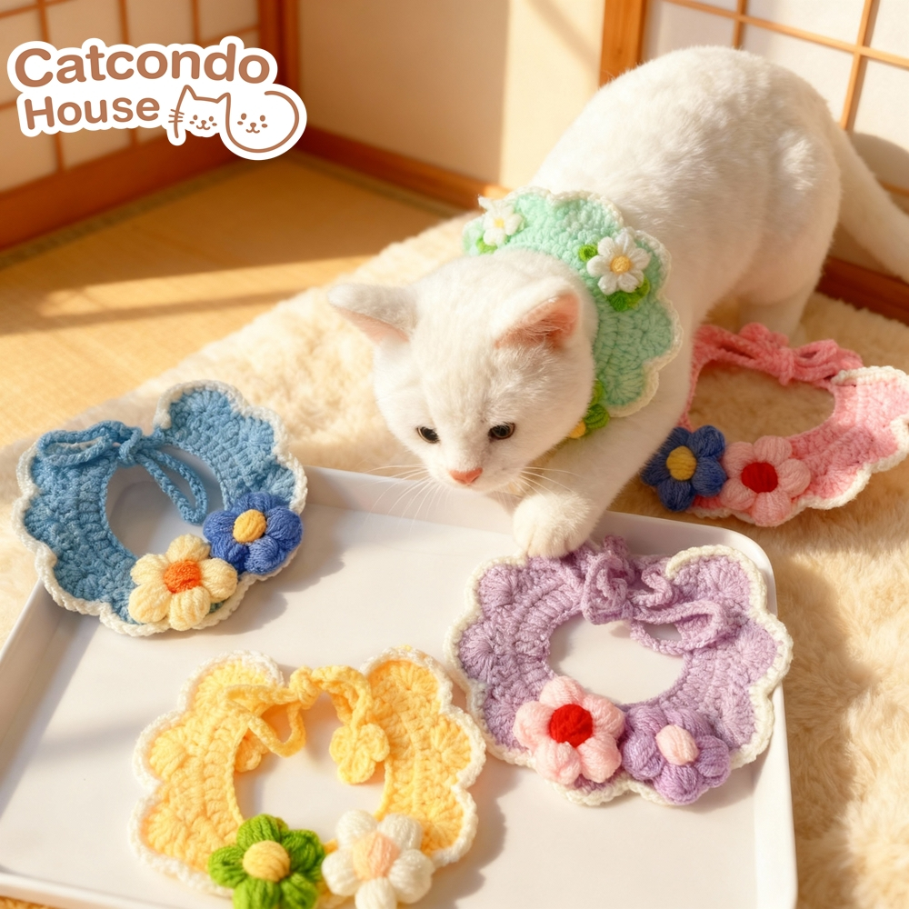 Cathouse ปลอกคอไหมพรมดอกไม้ ปลอกคอไหมพรมลายดอกไม้ สำหรับสัตว์เลี้ยงน่ารัก สไตล์ถักแฮนด์เมด