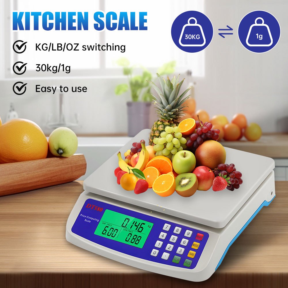30KG ตราชั่งดิจิตอล มาตราส่วนอาหารสามารถชั่งน้ำหนักได้อย่างแม่นยำฟังก์ชั่นการนับชิ้นส่วนเหมาะสำหรับใช้ในตลาดเนื้อสัตว์ซู