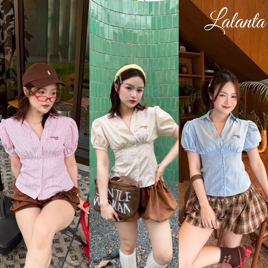 เสื้อเชิ้ตคอวี ผ้าBio ลายริ้ว ผ้าโพลี #FF167 #FF168