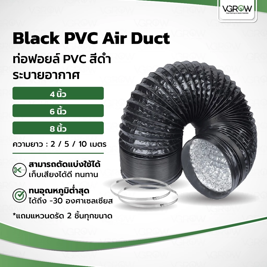 ท่อลม ท่อฟอยล์ หุ้ม PVC สีดำ ระบายอากาศ 4 / 6 / 8 นิ้ว แถมแหวนรัด 2 วง ท่อลมหุ้ม PVC สีดำ