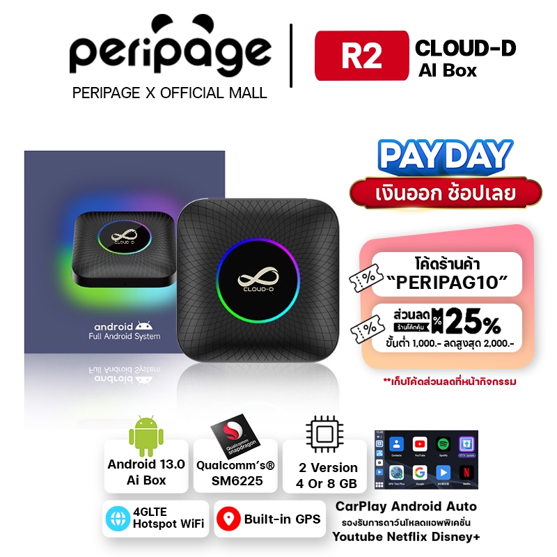 [ศูนย์ไทย] CLOUD-D R2 LED Ai BOX 4GB/64GB หรือ 8GB/128GB กล่องแอนดรอย APPLE Carplay และ Android Auto