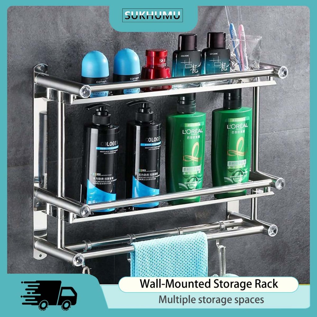 Bathroom Rack Stainless Steel Towel Shelf Wall-Mounted Space Storage Rack Shower Shelf With Hooks