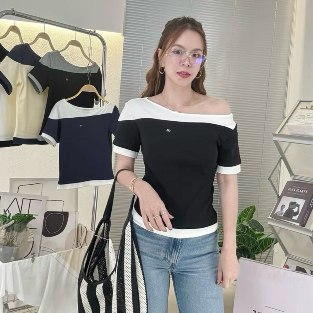 087-088 Deezyy รุ่น Chic Line(ชิค ไลน์) เสื้อยืดแขนสั้นทูโทน 2 แต่งอะไหล่สีเงิน DZ
