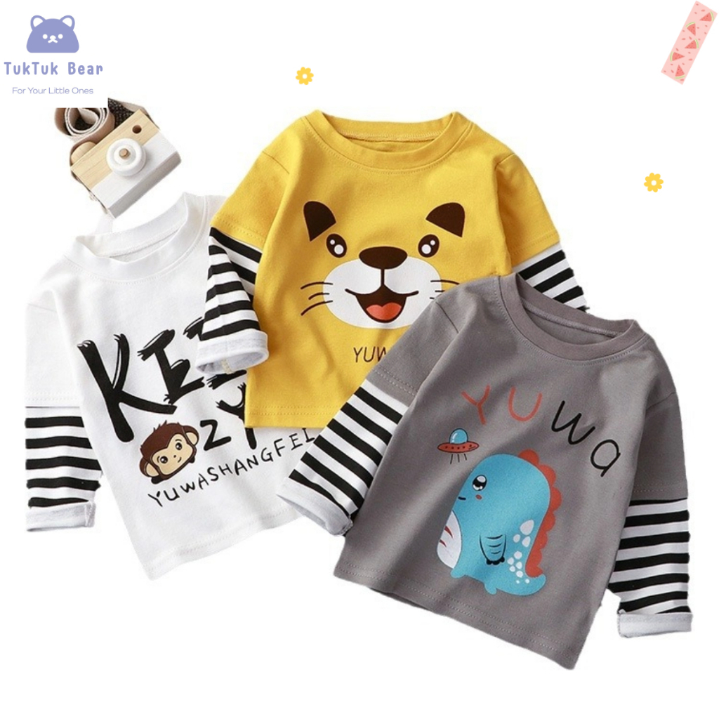 เสื้อแขนยาวเด็ก เสื้อกันหนาวเด็ก แบบสองชิ้นติดกัน ลายสัตว์น่ารัก แบบนิ่ม