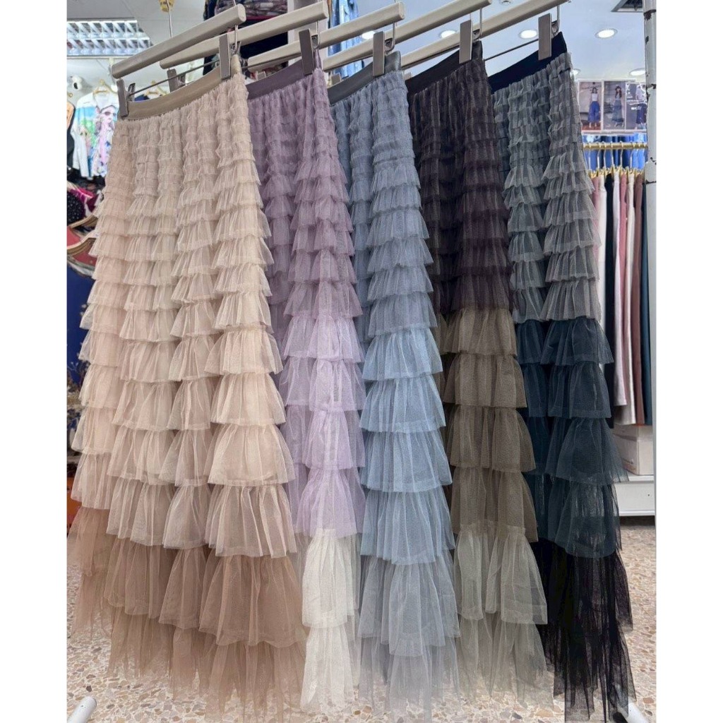 กระโปรงยาวผ้ามุ้งชั้นไล่ชั้น ไล่เฉดสี 3 สี สีเขียนตามสีขอบเอวยางยืด #823 - รูปที่ 7