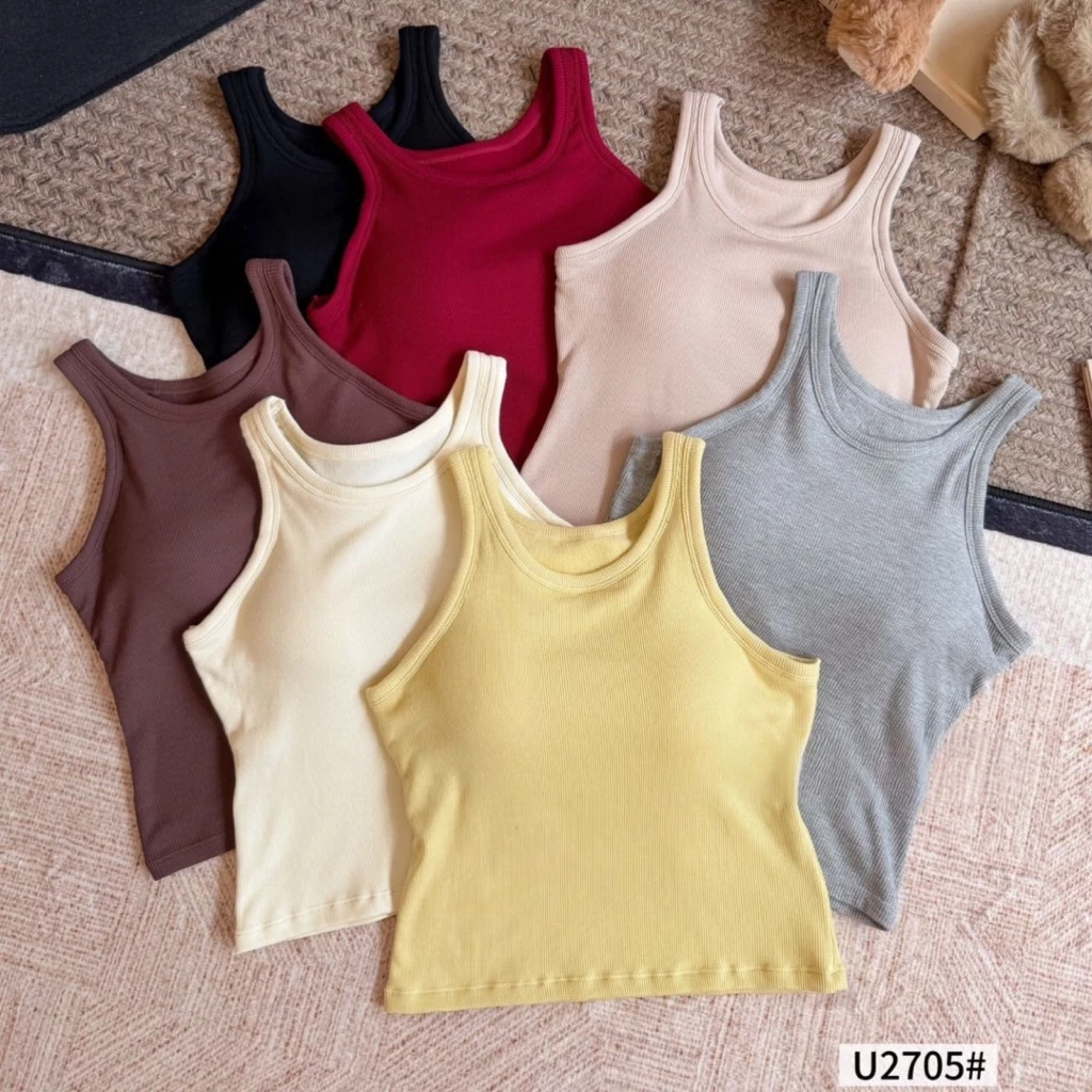 เสื้อกล้ามสีพื้น เสื้อกล้ามมีบรา ผ้าร่องเนื้อนุ่มใส่สบายมาก U2705#