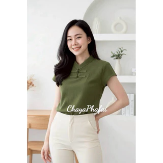 เสื้อผ้าฝ้ายคอจีนเจาะกระดุมขอด แขนเลยไหล่