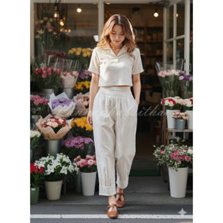 Lannaphafaithai กางเกงขายาวผ้าฝ้ายฟอกนุ่ม เอวยางยืดสม็อค ปัก…