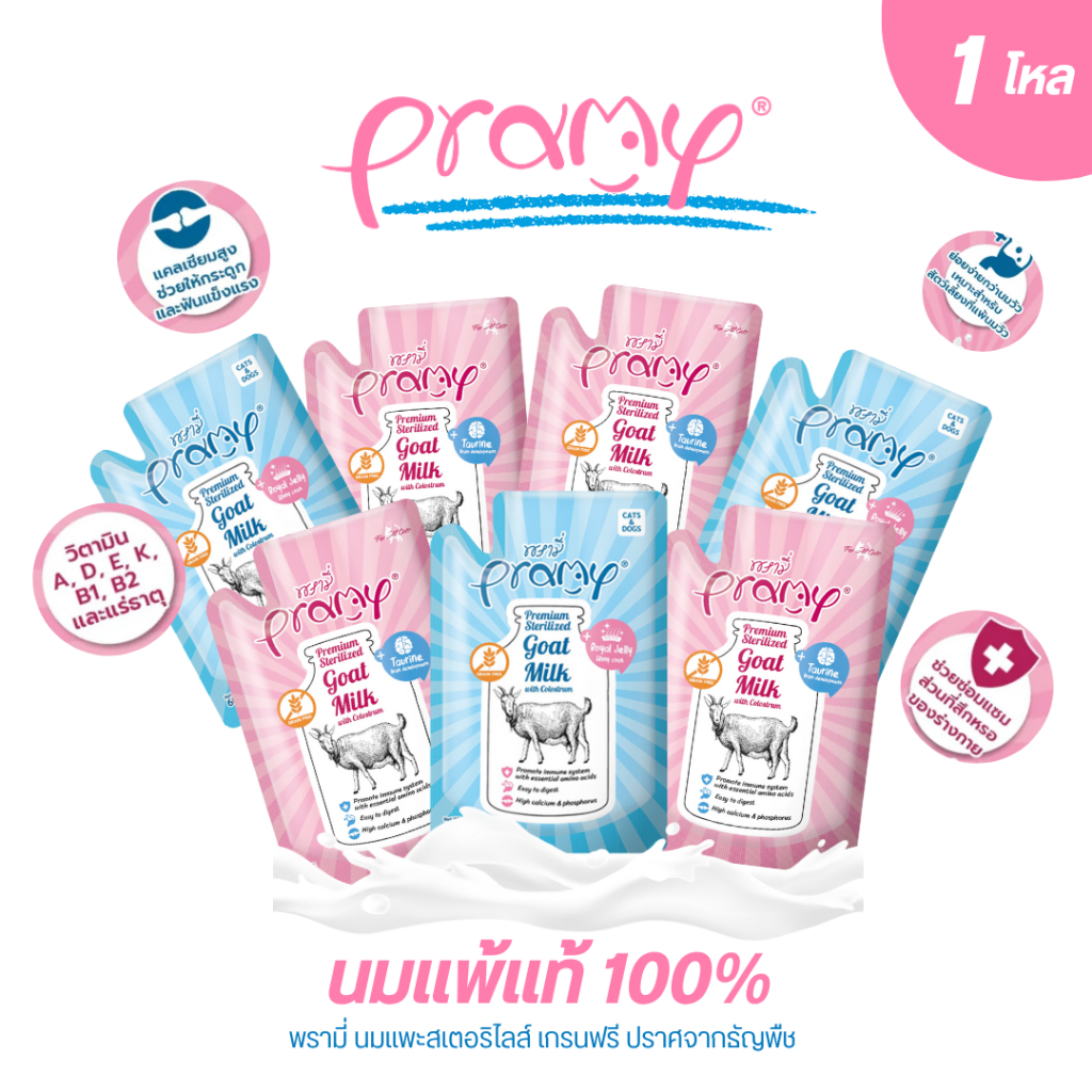 อาหารเปียกแมวพรามี่ Pramy นมแพะสเตอริไลส์ เสริมนมน้ำเหลือง ขนาด 60 กรัม 1โหล (12ชิ้น)