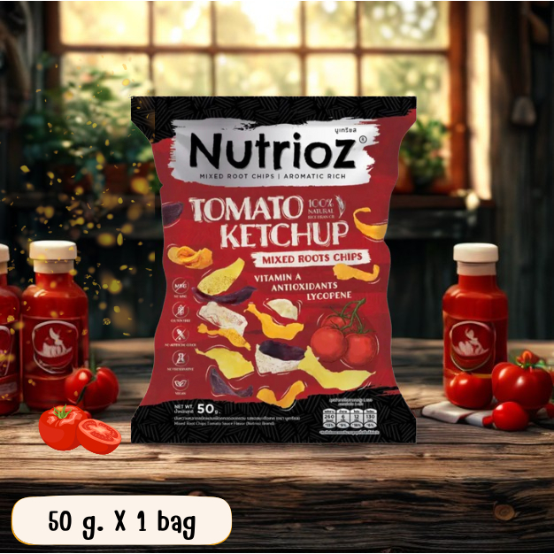 NUTRIOZ นูเทรียส - Mixed Root Chips  Tomato Ketchup  Flavor (50g.) X 1 ซอง