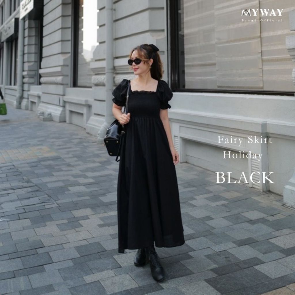MyWay Brand : Dress - Fairy Skirt Holiday เดรสสีขาว ดำ ชุดเปิดไหล่