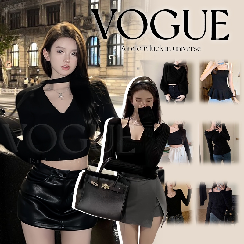 Vogue🌟พร้อมส่ง🌟เสื้อสเวตเตอร์ถักแขนยาวเปิดไหล่  สีดำ  สไตล์ลำลอง เสื้อกันหนาว เข้ารูป ใส่สบาย