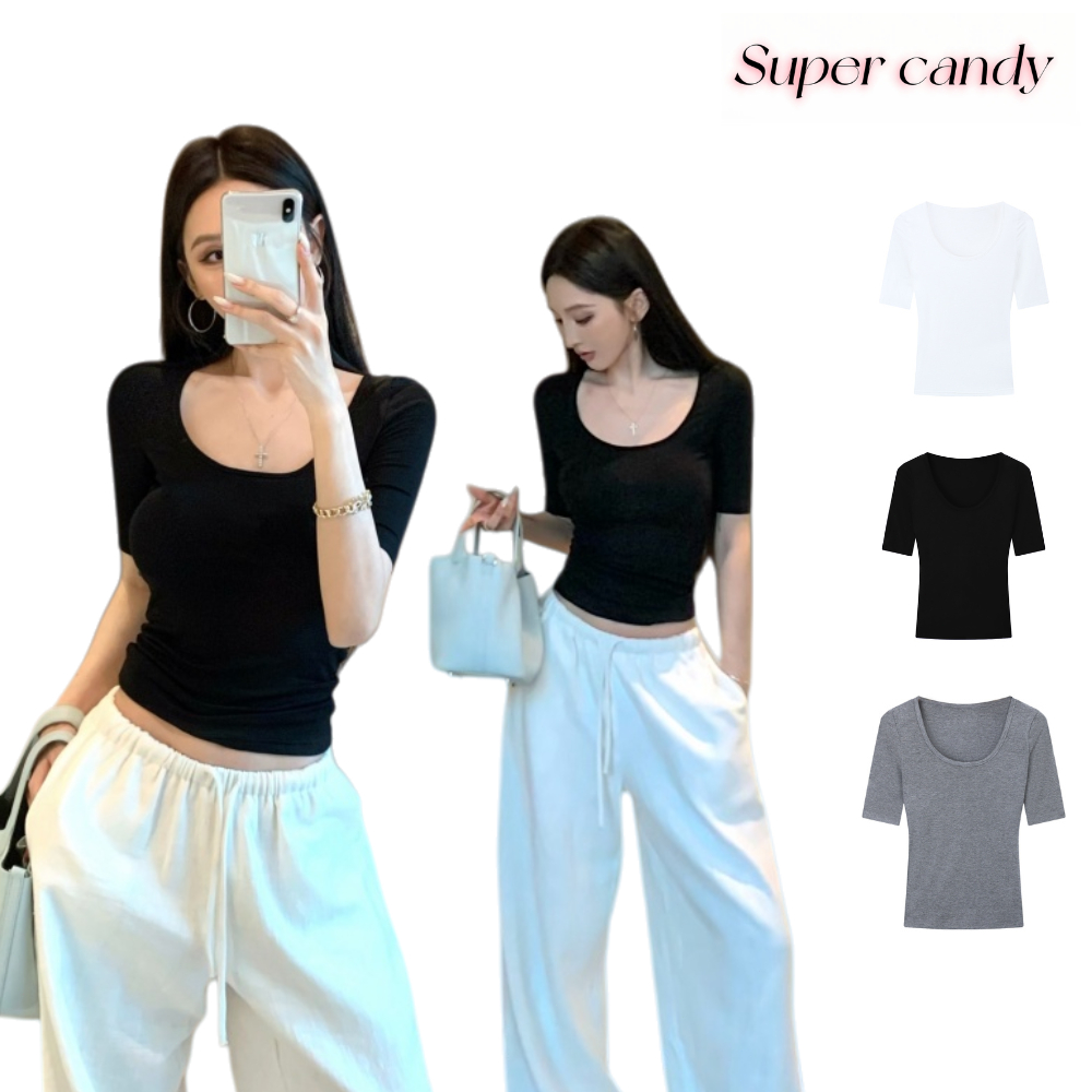SuperCandy🌷เสื้อยืดคอยูแขนสั้นสไตล์เกาหลี ทรงแขนกลาง เอวเข้ารูป และเสื้อยืดสีพื้น