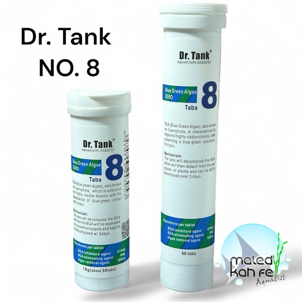 (Lot ใหม่ EXP 2028) Dr.Tank no.8 กำจัด ตะไคร่ บลูกรีน Blue Green Algae Zero 1 ขวดบรรจุ 30 / 60 เม็ด tank 8 ตู้ปลา ไม้น้ำ