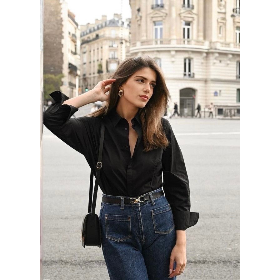 Creamystore เชิ้ตโอเวอร์ไซส์คอปกแขนยาว สีดำ งานป้ายPrisana เชิ้ตทำงาน