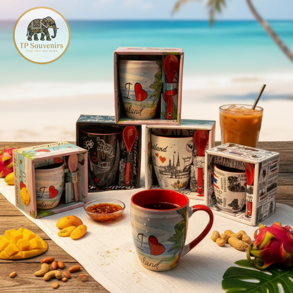 แก้วกาแฟ แก้วพร้อมช้อนคน แก้วช้อนกาแฟเซรามิค ลายไทย ของฝาก ของที่ระลึก ceramic mug