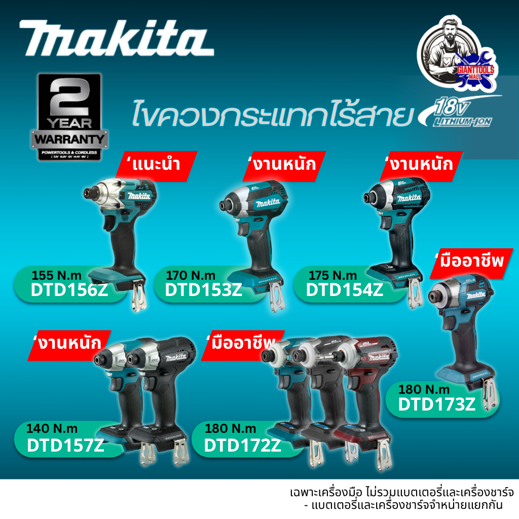 MAKITA ไขควงกระแทกไร้สาย 18V รุ่น DTD156Z/DTD153Z/DTD154Z/DTD157Z/DTD157ZB/DTD172Z/DTD172ZB/DTD172ZR