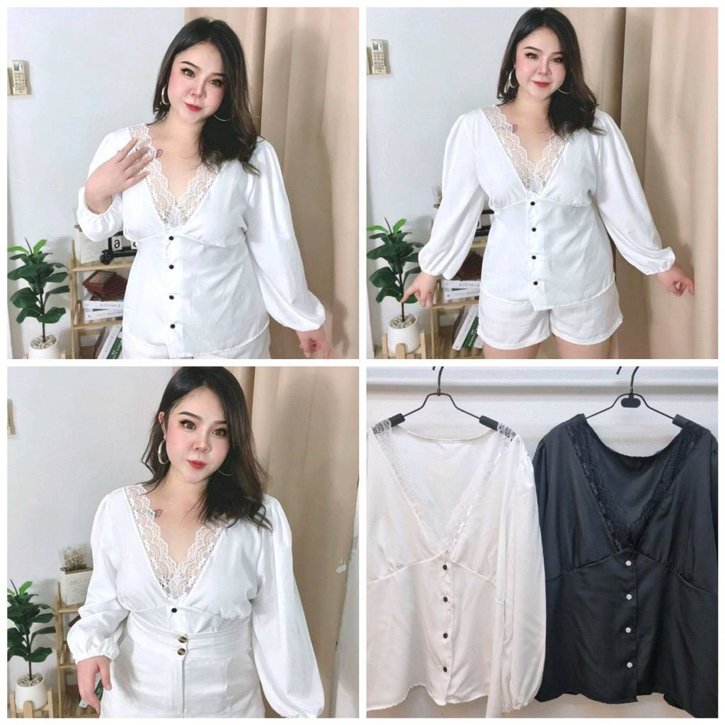 JIRA🐳|เสื้อสาวอวบคอวีเเต่งลูกไม้ที่คอกับปลายเเขน ยางยืดด้านหลัง อกหน้าผ้า 50 นิ้ว วงเเขน 24 นิ้ว ควา