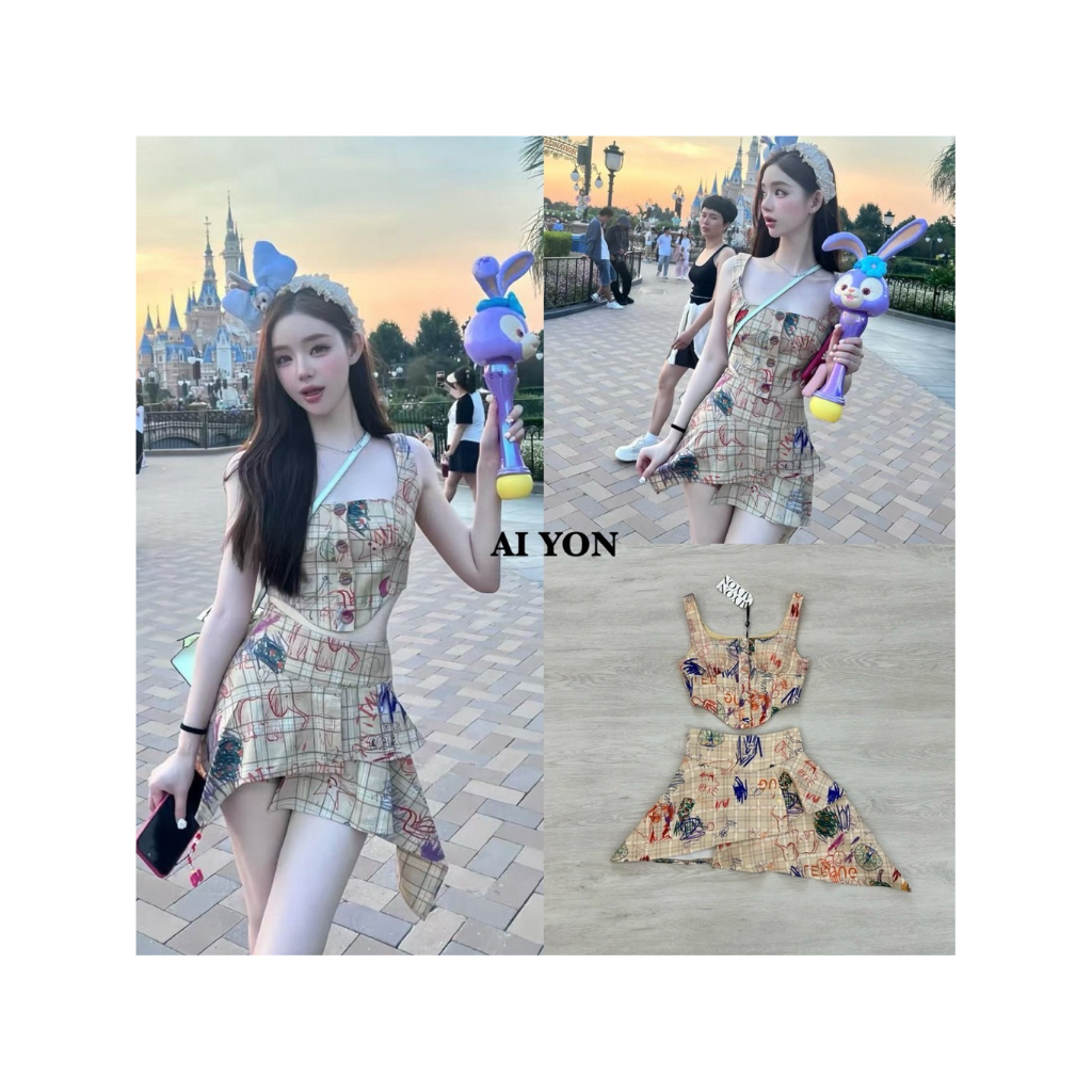 M11 งานป้าย Aiyon Set ชุดเซ็ทพิมพ์ลาย เสื้อ+กระโปรงสั้นซับในกางเกง สำหรับผู้หญิง เสื้อผ้าแฟชั่นผู้หญิง ไซส์ Xs-M