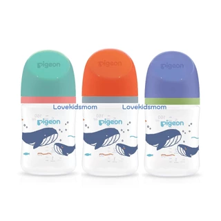 Pigeon พีเจ้น ขวดนมคอกว้าง สีขาวขุ่น PPWN ลาย Blue whale Pack 3 BIO รุ่นใหม่ล่าสุด
