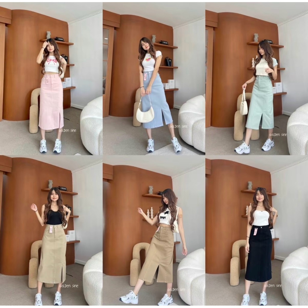 กระโปรงทรงเอยาว 31 นิ้วผ่าข้าง ผ้ายีนส์ยืด ( ❌ ชมพูS/M/L/Xlเป็นชมอ่อน)