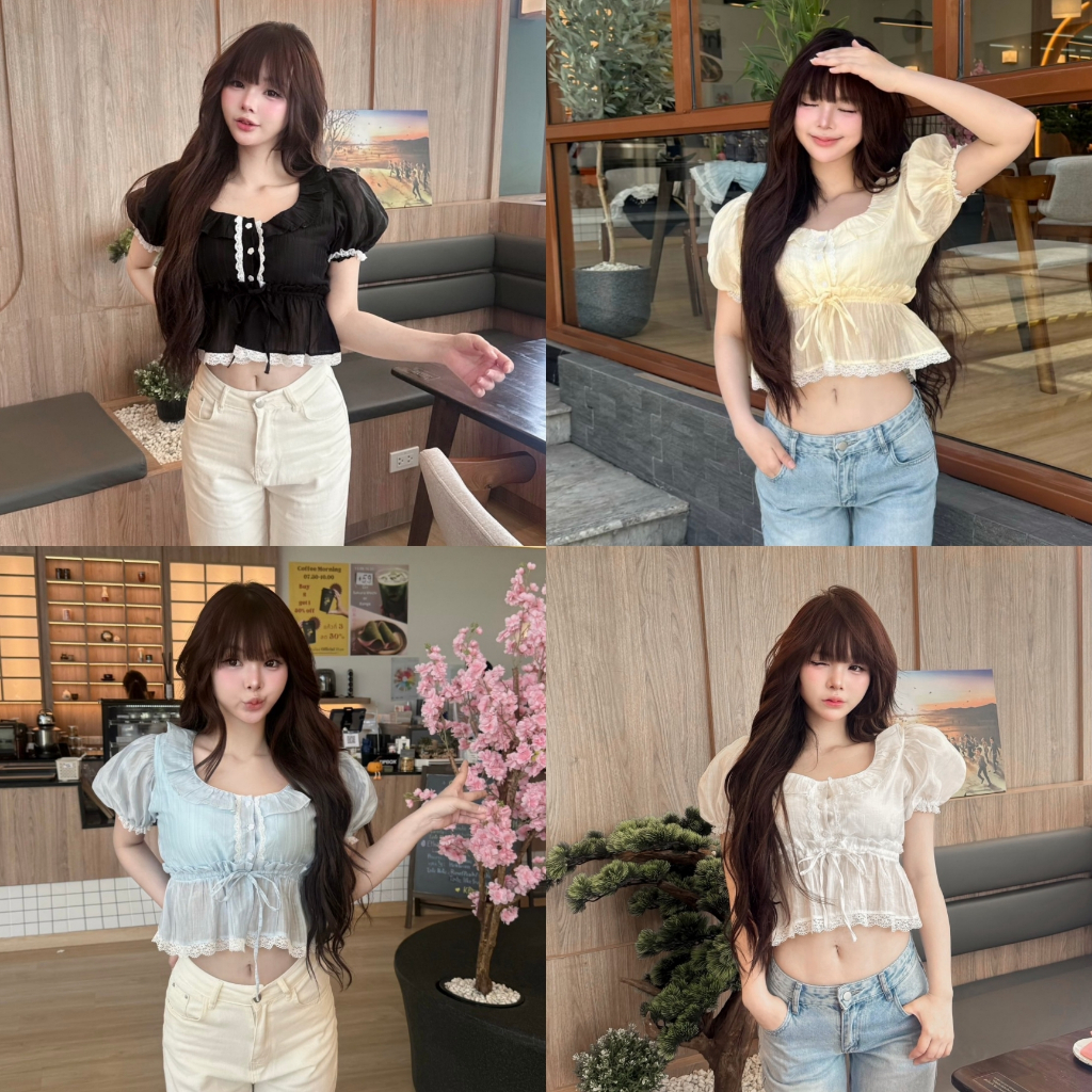 เสื้อแขนตุ๊กตาแต่งชายลูกไม้กระดุมดอกไม้