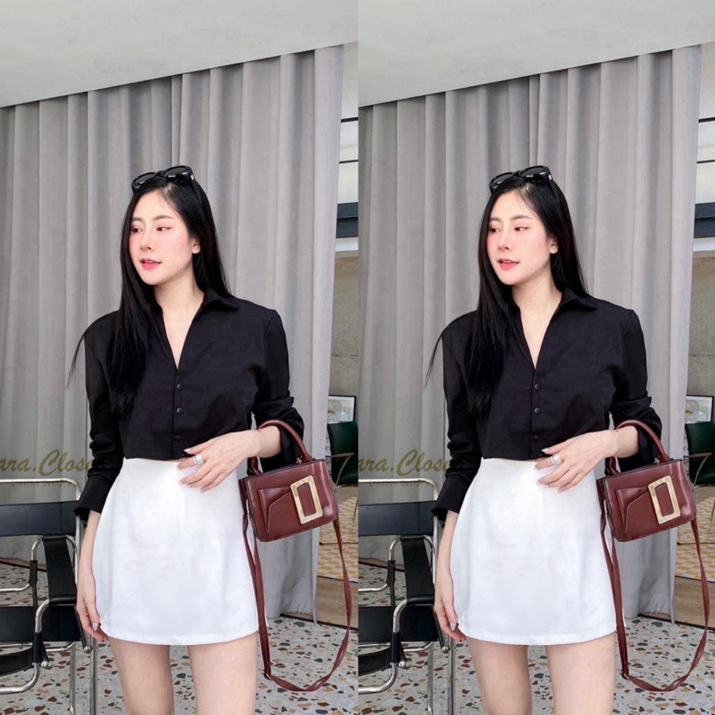 BA093 TARA Shirt เสื้อเชิ้ตครอป กระดุมหน้า แขนยาว ผ้าไหมอิตาลีอย่างดี ผ้าดี ไม่หนามาก สบายเวลาสวมใส่