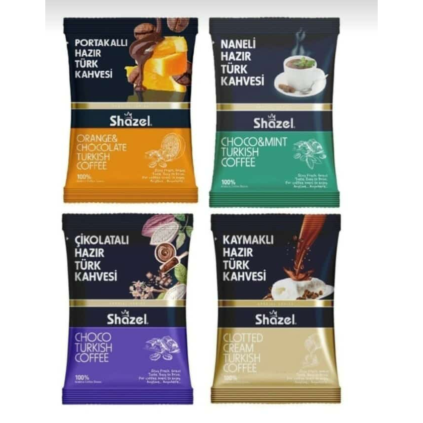 Shazel Turkish Coffee 100g กาแฟตุรกีพร้อมชง 4 รสชาติ – Clotted Cream/ Choco / Choco Mint / Orange & Chocolate
