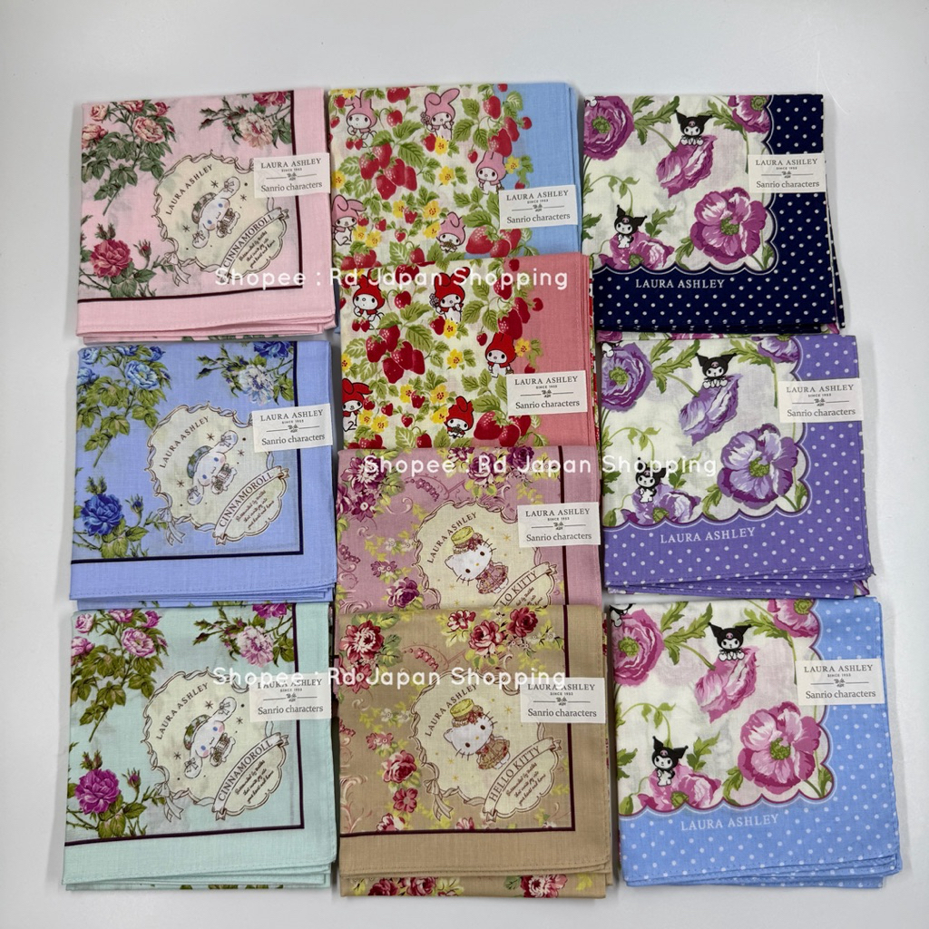 พร้อมส่ง ของแท้ 🇯🇵 52x52cm ผ้าเช็ดหน้า My melody Kuromi Laura Ashley ลอร่า ผ้าผูกคอ เมโลดี้ คุโรมิ ชินนามอน โพกหัว
