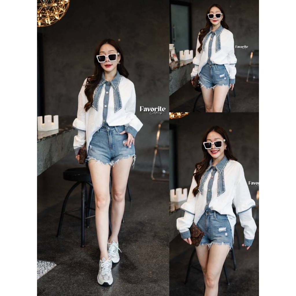•FAVORITE• FVR 95045 เสื้อเชิ๊ตแขนยาว งานกระดุมหน้า ดีเทลตัดแต่งผ้ายีนส์ ช่วงคอแต่งมุกและเพชรตอก