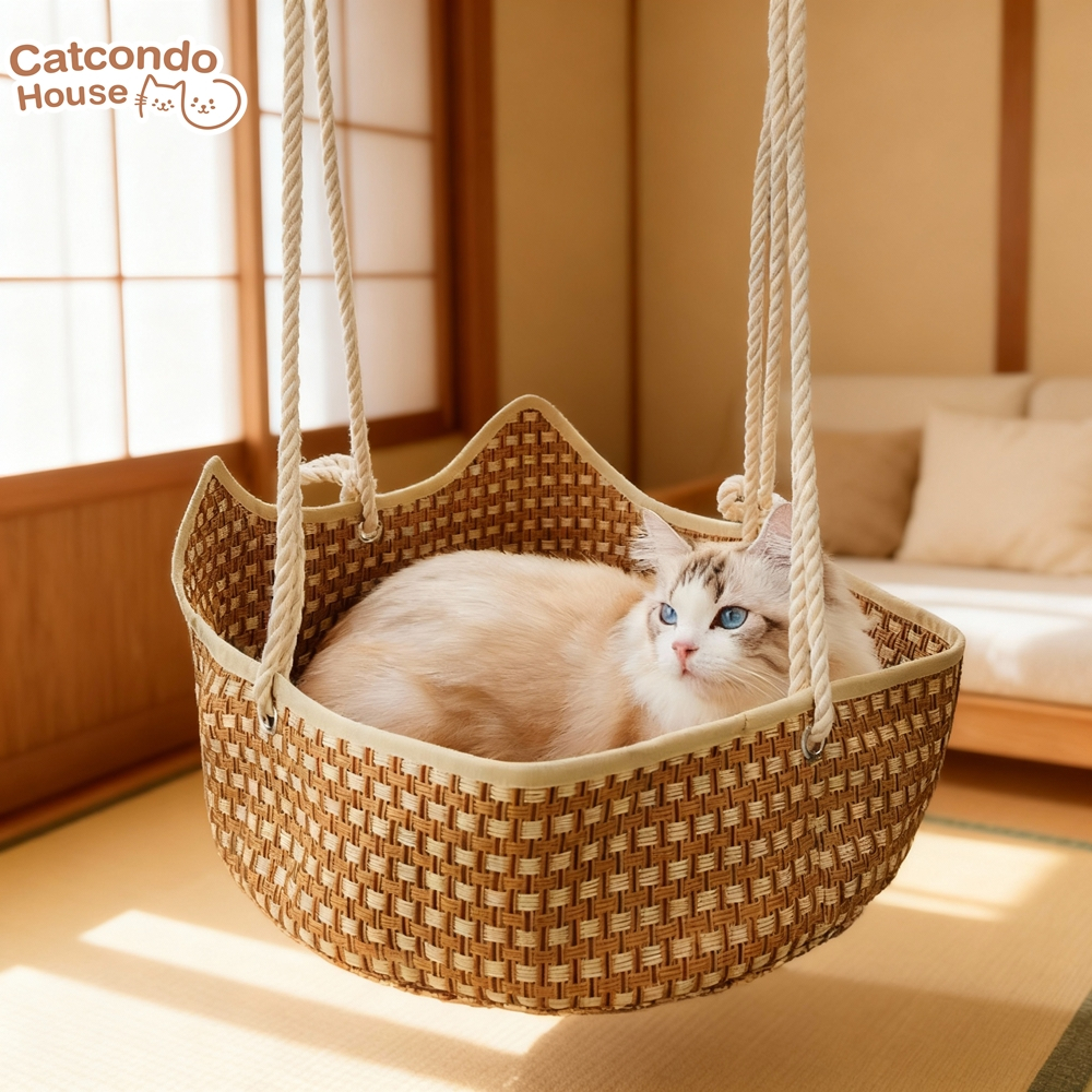 Cathouse เปลห้อยน้องแมว(น้ำตาล) เปลแขวนแมวหวาย แข็งแรง ระบายอากาศดี ใช้ได้ทั้งในและนอกกรง ขนาด 40x22 ซม.