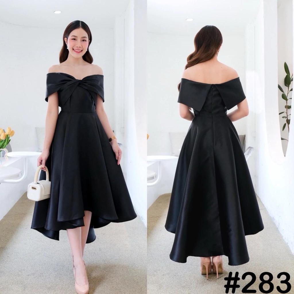 VO0283 เปิดบ่าทวิซอก พรางแขนพรางสะโพก กระโปรงหน้าสั้นหลังยาว ไปงานแต่ง ออกงาน เพื่อนเจ้าสาว [LUXURY707]