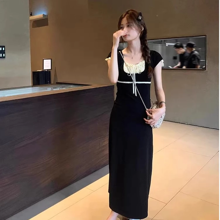เสื้อผ้าแฟชั่นผู้หญิงเดรสสีดำ กระโปรงแขนพอง ไซส์ใหญ่ น้องสาวอ้วน เอวบาง อารมณ์สูง กระโปรงเสื้อสาวอวบ