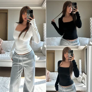 cherryshop พร้อมส่ง เสื้อยืดแขนยาว เสื้อแขนยาวลำลอง อเมริกันย้อนยุค สาวร้อนแรง ดีไซน์ขอบลูกไม้