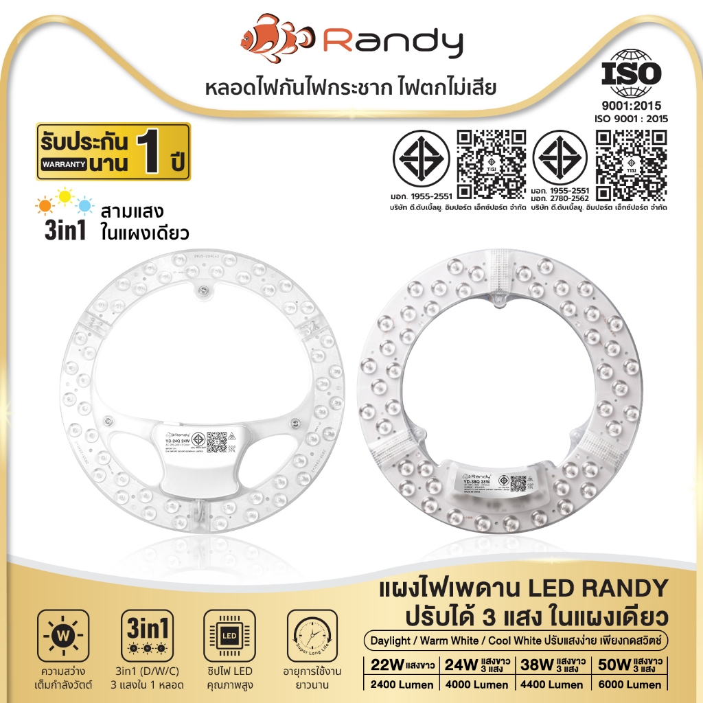 [3FREE1]Randy โคมไฟติดเพดานLED 3สีสลับสีได้ 24W38W แสงขาวแสงวอร์มแสงกลาง แม่เหล็