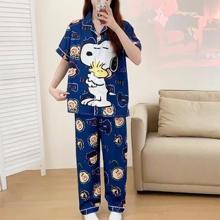 🌸ชุดนอนผู้หญิง🌸แขนสั้นขายาว L-4XL ผ้าไหมอิตาลี ชุดนอนคอปก ลายการ์ตูนน่ารัก งานใส่สบาย บิ๊กไซร์ สินค้าพร้อมส่ง