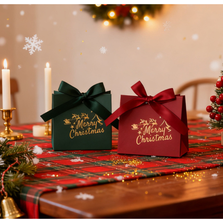 ✅ใหม่✅กล่องผูกโบว์ ลายคริสมาส ปีใหม่ ใส่ของขวัญ ขนม ให้คนพิเศษในวันเทศกาล